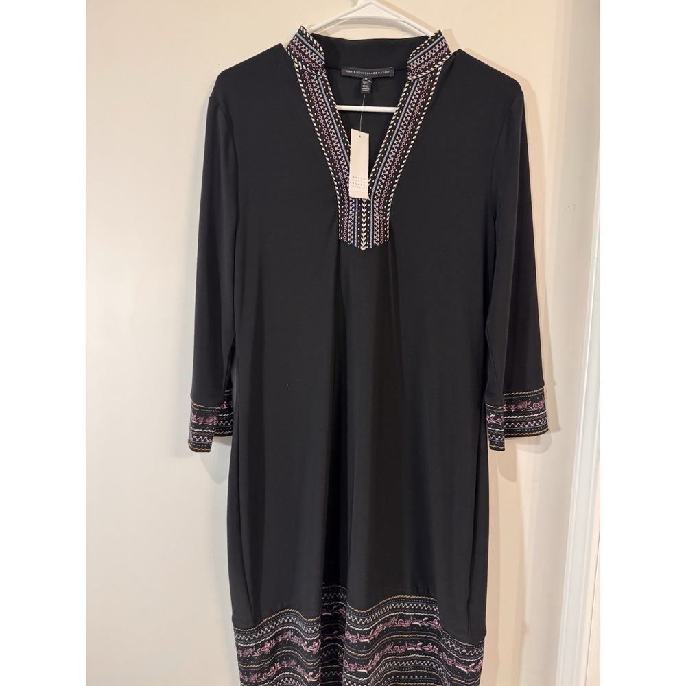 NEW White House Black Market Black 3/4 sleeve dress, embellished neckline Medium
